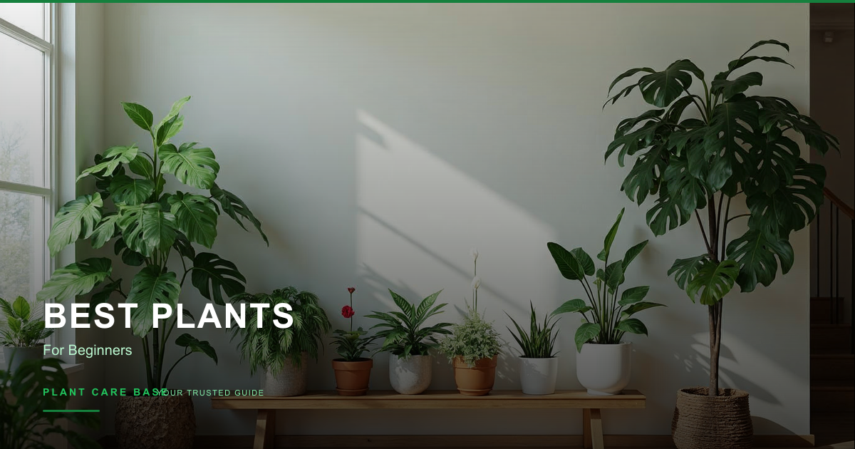 A collection of easy-to-care-for houseplants including pothos, snake plant, and spider plant arranged on a shelf